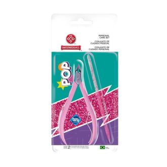 MUNDIAL SET 2PC POP PINK 751 NAIL CARE CUTICULE PLIERS AND STICK WITH GLITTER